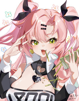 1girl absurdres bare_shoulders black_ribbon breasts cleavage clothing_cutout commentary_request earrings fang floral_print food food_in_mouth green_eyes green_nails hair_ornament hairclip hands_up happy_aura heart heart_earrings heart_necklace highres jewelry large_breasts long_hair mole mole_on_breast mole_under_eye necklace nicole_demara open_mouth pink_hair pocky pocky_in_mouth ribbon shoulder_cutout solo sparkling_eyes strapless suyujiu_u tube_top two_side_up upper_body white_background white_tube_top zenless_zone_zero