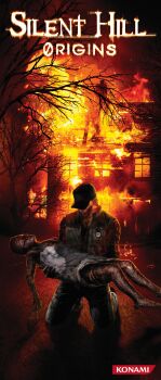 Rule 34 | 1boy, absurdres, brown hair, burned skin, burning, corpse, epic, fire, flashlight, highres, holding person, incredibly absurdres, official art, orange theme, poster (medium), promotional art, silent hill: origins, silent hill (series), tagme, travis grady, travis o' grady, trucker hat