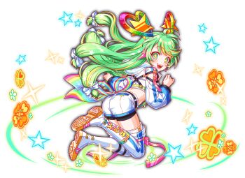 1girl alternate_costume alternate_hair_color alternate_hair_ornament artist_request back_ribbon belt belt_buckle belted_shorts bike_shorts black_belt black_shorts blonde_hair boots bow buckle cel_shading character_name colored_shoe_soles colored_tips crash_fever cropped_jacket english_text eyelashes fang floating_headgear flower_symbol from_behind full_body game_cg gold_buckle gradient_hair green_eyes green_hair hair_bow hair_ornament happy happy_(crash_fever) headgear heart hood hooded_jacket jacket leg_ribbon long_hair looking_at_viewer looking_back low-tied_long_hair midriff multicolored_hair official_alternate_costume official_alternate_hair_color official_alternate_hair_ornament official_art open_mouth outline pink_belt pink_ribbon rainbow_ribbon raised_eyebrows red_outline ribbon see-through_hood shoe_soles shorts sidelocks single_vertical_stripe sleeve_belt sleeve_cuffs solo sparkle star_(symbol) star_in_eye streaked_hair striped_clothes striped_footwear symbol_in_eye tachi-e text_print thigh_boots thigh_ribbon thigh_strap third-party_source tongue transparent_background two-tone_hair vertical-striped_footwear vertical-striped_sleeves very_long_hair white_boots white_bow white_hood white_jacket white_shorts white_sleeves