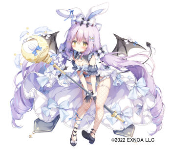 1girl :o angelic_link animal_ears between_legs black_gloves blush bow breasts cleavage cleavage_cutout clothing_cutout commentary_request dated demon_tail demon_wings detached_sleeves dress female_focus fishnets frills full_body furrowed_brow garter_straps gloves green_eyes groin hair_between_eyes hair_bow holding holding_staff leaning_forward loli long_hair low_twintails momozu_komamochi navel official_art open_clothes open_dress panties purple_dress purple_hair purple_panties rabbit_ears revealing_clothes showgirl_skirt simple_background skindentation small_breasts staff tachi-e tail thighs train_(clothing) twintails underwear v_arms very_long_hair white_background white_bow wing_bow wings