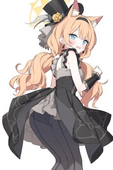 1girl absurdres animal_ear_fluff animal_ears ass back-seamed_legwear black_choker black_hairband black_hat black_overskirt black_panties black_pantyhose blue_archive blue_eyes blush breasts cat_ears cat_girl chinese_commentary choker commentary_request dress earrings extra_ears feet_out_of_frame flower frilled_choker frilled_dress frills from_behind grey_dress grey_feathers hairband halo hand_up hat hat_feather hat_flower highres idol_clothes jewelry jyt long_hair looking_at_viewer low_twintails making-of_available mari_(blue_archive) mari_(idol)_(blue_archive) mini_hat mini_top_hat official_alternate_costume open_mouth orange_hair painttool_sai_(medium) panties panties_under_pantyhose pantyhose partial_commentary rose seamed_legwear simple_background sleeveless sleeveless_dress small_breasts solo sweatdrop top_hat turning_head twintails underwear wavy_mouth white_background wrist_wrap yellow_flower yellow_halo yellow_rose