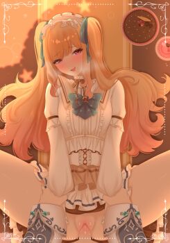 1boy 1girl absurdres akiyama_mizuki blonde_hair blush border bow bowtie breasts brown_ribbon cake center_frills chocolate_cake commentary dot_nose food frills green_bow green_bowtie green_ribbon hair_ribbon heart heart_in_eye hetero highres himitsu_no_valentine_daisakusen!_(project_sekai) holding_another's_wrists inset_border kaitou_shinshi_no_harahara!?_white_day_(project_sekai) long_hair long_sleeves looking_at_viewer medium_breasts neck_ribbon official_alternate_costume official_alternate_hairstyle open_mouth ornate_border out_of_frame penis pink_eyes project_sekai puffy_long_sleeves puffy_sleeves pussy raised_inner_eyebrows ribbon sex shirt sidelocks sincerelyasmos smile solo_focus spread_legs symbol_in_eye tenma_saki twintails vaginal very_long_hair white_shirt