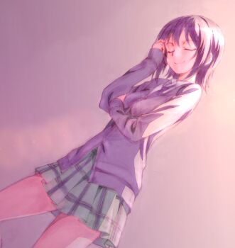 1girl arms_under_breasts black_hair boku_wa_tomodachi_ga_sukunai breasts cardigan closed_eyes closed_mouth collared_shirt commentary_request gradient_background green_skirt grey_cardigan grey_necktie hand_up highres long_sleeves mikazuki_yozora miniskirt necktie official_artist_extra plaid_clothes plaid_skirt pleated_skirt purple_background school_uniform shirt short_hair skirt small_breasts smile solo st._chronica_academy_school_uniform standing watanabe_yoshihiro white_shirt