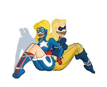 2girls back-to-back bdsm blonde_hair bondage boots bound courtney_whitmore dc_comics gag gloves jesse_quick justice_society_of_america legs liberty_belle mask multiple_girls shorts stargirl