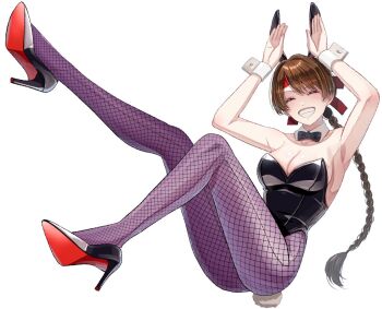 1girl arms_up ass bodysuit bow braid braided_ponytail breasts brown_hair cleavage fishnets hairband heel_up huge_ass large_breasts latex legs_up long_hair ma0hphm8y9r4r43 pale_skin playboy_bunny rabbit rabbit_ears rabbit_tail smile smiley_face the_king_of_fighters thick_thighs thighs wide_hips yuri_sakazaki
