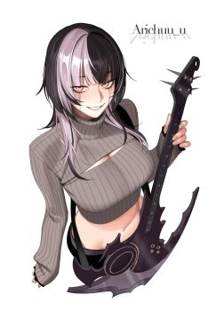 1girl arichuu_u artist_name bass_guitar black_eyeshadow black_hair breasts commentary eyeshadow grey_hair grey_sweater grin highres holding holding_bass_guitar holding_instrument hololive hololive_english instrument large_breasts long_hair long_sleeves makeup multicolored_hair navel ribbed_sweater runny_makeup shiori_novella simple_background sleeves_past_wrists smile solo split-color_hair stomach sweater two-tone_hair virtual_youtuber white_background yellow_eyes