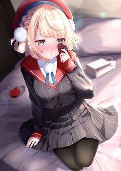 1girl :o absurdres averting_eyes beret black_pantyhose blonde_hair blue_ribbon blunt_bangs blurry blush bokeh braid buttons candy chocolate chocolate_heart closed_mouth collared_shirt commentary_request depth_of_field double-breasted dress_shirt facing_viewer food green_eyes grey_jacket grey_skirt hair_ornament hair_rings hat heart heart-shaped_food highres holding holding_chocolate holding_food indie_virtual_youtuber indoors jacket kudok87 light_particles long_sleeves miniskirt neck_ribbon on_bed pantyhose pinstripe_jacket pinstripe_pattern pinstripe_skirt pleated_skirt pom_pom_(clothes) pom_pom_hair_ornament red_hat red_sailor_collar ribbon sailor_collar school_uniform seiza shigure_ui_(vtuber) shigure_ui_(vtuber)_(1st_costume) shirt short_hair side_braid side_part side_up_ring sitting skirt sleeve_cuffs solo swept_bangs valentine virtual_youtuber white_shirt