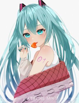 1girl aqua_eyes aqua_hair aqua_nails bare_shoulders blurry candy character_name commentary depth_of_field food from_side grey_jacket hair_between_eyes hair_ornament hand_up hatsune_miku heart heart-shaped_food heart-shaped_lollipop highres holding holding_candy holding_food holding_lollipop jacket licking_food lollipop long_hair long_sleeves looking_at_viewer number_tattoo off_shoulder quilted_jacket shaped_lollipop shirt shoulder_tattoo simple_background sleeveless sleeveless_shirt solo tattoo tongue tongue_out turning_head twintails upper_body vocaloid wanko_(yurika0320) white_background white_shirt