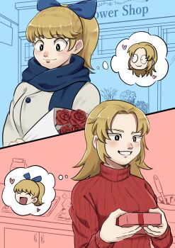 2girls absurdres alternate_costume animification blonde_hair blue_bow blue_eyes blue_scarf blush bouquet bow box bright_pupils brown_eyes coat commentary_request couple eddsworld flower flower_shop gift gift_box grin hair_bow high_ponytail highres holding holding_bouquet holding_box holding_gift indoors kashimiato katya_(eddsworld) kim_(eddsworld) kitchen long_hair long_sleeves multiple_girls outdoors partial_commentary ponytail red_flower red_rose red_sweater rose scarf shop smile speech_bubble sweater thought_bubble white_coat white_pupils yuri