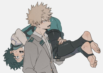 2boys bakugou_katsuki barefoot blonde_hair bodysuit boku_no_hero_academia carrying carrying_over_shoulder carrying_person collared_shirt commentary_request freckles gloves green_bodysuit green_eyes green_hair grey_jacket highres jacket lapels looking_back looking_to_the_side male_focus midoriya_izuku multiple_boys notched_lapels open_collar open_mouth pipipaint red_eyes school_uniform shirt short_hair simple_background spiked_hair stirrup_footwear teeth u.a._school_uniform upper_body white_background white_gloves white_shirt