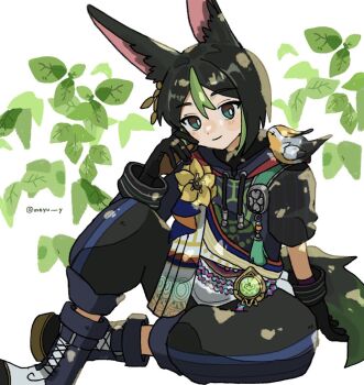 1boy animal animal_ear_fluff animal_ears animal_on_shoulder bird bird_on_shoulder black_gloves black_hair black_pants black_shirt blue_boots blush_stickers boots bright_pupils closed_mouth fox_boy fox_ears fox_tail full_body genshin_impact gloves green_eyes green_hair hashtag-only_commentary knee_up lace-up_boots leaf looking_at_viewer male_focus moyu_y multicolored_hair pants shirt short_hair short_sleeves simple_background sitting smile solo tail tighnari_(genshin_impact) twitter_username two-tone_hair white_background white_pupils