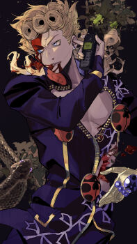 1boy 1other absurdres blonde_hair blood blood_on_face blue_eyes commentary dated_commentary earrings frog giorno_giovanna gold_experience highres holding holding_phone jewelry jojo_no_kimyou_na_bouken ladybug_ornament long_hair phone snake ssyoukyo_sori stand_(jojo) stud_earrings vento_aureo zipper zipper_pull_tab