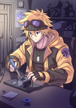 1boy absurdres black_gloves black_jacket black_shirt blonde_hair box clock electivire fingerless_gloves gen_4_pokemon gloves goggles goggles_on_head highres indoors jacket jewelry long_sleeves male_focus multicolored_jacket necklace nintendo palafin palafin_(hero) personification pokemon poster_(object) shirt soldering_iron solo two-tone_jacket wire_spool yellow_jacket yokomiya4538