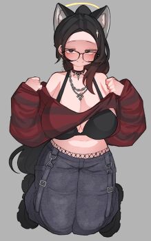 Rule 34 | 1girl, absurdres, animal ears, bare shoulders, belly, black bra, black eyes, black hair, black shoes, blue pants, blush, bra, breasts, chain, chain necklace, choker, cleavage, commentary request, denim, forehead, full body, grey background, half-closed eyes, highres, huge breasts, jeans, jewelry, kim aendeo, kneeling, korean commentary, legs together, long hair, looking at viewer, navel, necklace, off-shoulder shirt, off shoulder, original, pants, plump, red shirt, shirt, shoes, smile, solo, spiked choker, spikes, straight-on, straight hair, striped clothes, striped shirt, underwear, wolf ears, wolf girl