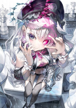 1girl absurdres angel_wings black_boots black_bra black_hat black_panties black_sleeves black_thighhighs blue_eyes blue_halo boots bra breasts chess_piece closed_mouth commentary_request detached_sleeves eyelashes feathered_wings frilled_hat frilled_wrist_cuffs frills full_body garter_straps halo hands_up hat head_wings heart heart-shaped_pupils heart_halo heart_in_eye heterochromia highres holding holding_chess_piece lingerie long_hair looking_at_viewer navel negimapurinn original panties pink_eyes pink_halo queen_(chess) rook_(chess) signature sitting small_breasts smile solo symbol-shaped_pupils symbol_in_eye thighhighs twintails underwear w w_over_eye white_hair white_wings white_wrist_cuffs wings wrist_cuffs