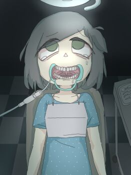 1girl bags_under_eyes chair checkered_floor collarbone dark dentist drooling green_eyes grey_hair highres horror_(theme) hospital_gown indoors mentha_(menthalovely) mint_(menthalovely) open_mouth original scared shirt short_hair sitting solo tears teeth