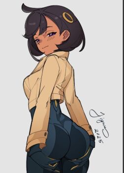 1girl ass black_hair blush bodysuit bodysuit_under_clothes curvy dark-skinned_female dark_skin emma_(pokemon) from_behind gloves huge_ass jacket jiyuu looking_at_viewer looking_back nintendo pokemon pokemon_legends:_arceus purple_eyes short_hair wide_hips
