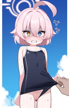 1girl absurdres abydos_high_school_swimsuit ahoge alternate_costume anger_vein black_one-piece_swimsuit blue_archive blush clothing_aside cloud commentary_request flat_chest glaring gluteal_fold hair_between_eyes halo heterochromia highres hoshino_(blue_archive) hoshino_(first_year)_(blue_archive) loli one-piece_swimsuit out_of_frame pink_hair pussy short_hair sky sweat swimsuit swimsuit_aside tears turn_pale uncensored zing_(z_z_zing)