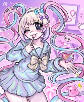 Rule 34 | 1girl, blonde hair, blue bow, blue eyes, blue hair, blue serafuku, blue skirt, bow, chouzetsusaikawa tenshi-chan, computer keyboard, finger to mouth, hair bow, hand cursor, heart, highres, iridescent clothes, lightning bolt symbol, long hair, looking at viewer, multicolored hair, multiple hair bows, needy girl overdose, one eye closed, outline, palm tree, pien cat (needy girl overdose), pill, pink background, pink bow, pink hair, pink lips, pleated skirt, plushvampy, purple bow, quad tails, school uniform, serafuku, skirt, smile, sparkle, sparkling eyes, star (symbol), teeth, tree, white outline, yellow bow