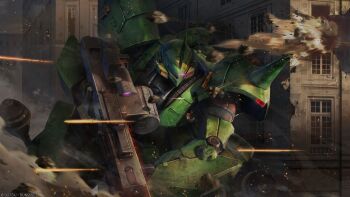 absurdres battle building cable copyright_notice damaged debris destruction dust_cloud gatling_gun gundam gundam_battle_operation_2 gundam_msv highres kampfer_(mobile_suit) kampfer_prototype machinery mecha mecha_focus mobile_suit official_art one-eyed painting_(medium) panzerfaust realistic robot scan science_fiction shoulder_spikes spikes sunrise_(company) tenjin_hidetaka traditional_media zeon