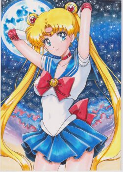 1girl absurdres arms_behind_head back_bow bishoujo_senshi_sailor_moon blonde_hair blue_eyes blue_sailor_collar blue_skirt bow bowtie breasts chikoto_(kztc4472) choker circlet closed_mouth collarbone commentary cowboy_shot double_bun elbow_gloves full_moon gloves hair_bun highres long_hair looking_at_viewer medium_breasts miniskirt moon photo_(medium) pleated_skirt red_bow red_bowtie red_choker sailor_collar sailor_moon sailor_senshi_uniform shirt short_sleeves skirt smile solo traditional_media tsukino_usagi twintails white_gloves white_shirt