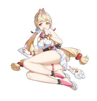 1girl absurdres alice_thymefield alice_thymefield_(sea_of_thyme) animal_ears bare_shoulders blonde_hair blush bracelet breasts carrot cleavage dress full_body hair_ornament hairband heterochromia highres jewelry leg_ribbon legs long_hair looking_at_viewer low_twintails luole_yidian_mo lying medium_breasts on_side orange_eyes rabbit rabbit_ears red_eyes ribbon sandals short_dress simple_background sleeveless sleeveless_dress solo sphere_hair_ornament stuffed_animal stuffed_rabbit stuffed_toy thigh_strap thighs twintails very_long_hair white_background white_dress yellow_eyes zenless_zone_zero