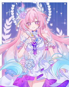 1girl absurdres aqua_hair bare_shoulders border catlenxingxing chinese_commentary commentary_request cowboy_shot cyrene_(honkai:_star_rail) cyrene_(ripples_of_past_reverie)_(honkai:_star_rail) diamond-shaped_pupils diamond_(shape) dress flower hair_flower hair_ornament halo highres honkai:_star_rail honkai_(series) long_hair multicolored_hair pink_hair pointy_ears purple_background purple_eyes smile solo symbol-shaped_pupils thighs very_long_hair white_border white_dress white_hair