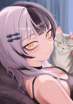 1girl absurdres black_camisole black_choker black_hair blunt_bangs blurry blurry_background breasts camisole cat choker cleavage closed_mouth commentary diptip expressionless grey_hair highres hololive hololive_english indoors large_breasts long_hair looking_at_viewer multicolored_hair nyakuza_(shiori_novella) shiori_novella solo split-color_hair two-tone_hair upper_body virtual_youtuber yellow_eyes