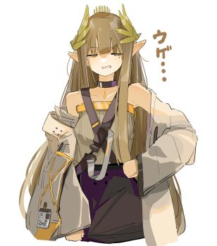 1girl arknights bare_shoulders black_choker black_skirt choker coat commentary elf jacket lab_coat laurel_crown laurels long_hair long_sleeves looking_at_viewer mole mole_under_eye muelsyse_(arknights) open_clothes open_coat pointy_ears rhine_lab_logo simple_background skirt solo sweater taiiiyakiii white_background white_coat yellow_eyes