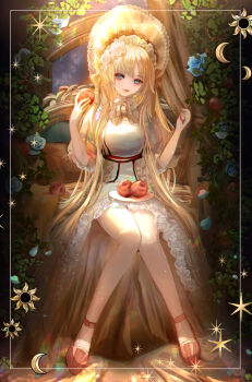 1girl ankle_strap apple blonde_hair blue_eyes blue_flower blue_rose bonnet bow bowtie couch crescent cushion dress flower food fork framed frilled_dress frills fruit full_body hair_flower hair_ornament high-low_dress high-low_skirt highres holding holding_food holding_fork holding_fruit indoors knees_together_feet_apart komorihikki licking_lips long_dress long_hair looking_at_viewer night original pink_shoes plant plate puffy_short_sleeves puffy_sleeves red_footwear rose shoes short_sleeves sitting star_(symbol) sun_symbol tongue tongue_out vines white_bow white_bowtie white_dress white_flower white_headwear white_rose window wispy_bangs