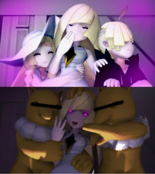 1boy 20s 2girls 2others 3d amateurthrowaway bar_censor black_hoodie blonde_hair breasts brother_and_sister censored closed_eyes clueless colored_skin covering_one_eye covering_privates dress fur gen_1_pokemon gladion_(pokemon) glowing glowing_eyes hair_over_one_eye hallucination hand_on_another's_head hand_over_mouth happy hat highres hood hoodie hypno hypnosis illusion indoors laughing lillie_(pokemon) long_hair lusamine_(pokemon) mind_control mother_and_daughter mother_and_son multiple_girls multiple_others nintendo one_eye_closed open_mouth pointless_censoring pokemon pokemon_(creature) pokemon_sm purple_eyes saliva shiny_skin short_hair siblings smile solo_focus split_screen submission tongue tongue_out white_dress white_fur wink yellow_skin