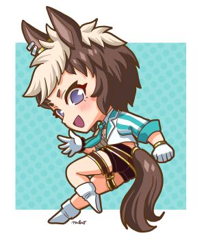 Rule 34 | 1girl, animal ears, black shorts, blue eyes, blush, boots, brown hair, brown shirt, chibi, chibi only, commentary request, dated commentary, gloves, green necktie, horse ears, horse girl, horse tail, jacket, mejiro ryan (down the line) (umamusume), mejiro ryan (umamusume), multicolored hair, necktie, open mouth, otono (bkt4b), shirt, shirt under shirt, short hair, shorts, smile, solo, striped clothes, striped jacket, tail, thigh strap, two-tone hair, umamusume, vertical-striped clothes, vertical-striped jacket, white boots, white gloves, white hair