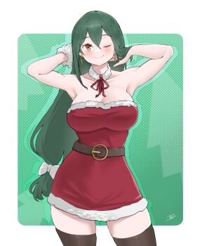 1girl ;) armpits arms_up bare_shoulders belt black_thighhighs blush bow breasts christmas cleavage closed_mouth cowboy_shot crusch_karsten detached_collar dress earrings fur-trimmed_dress fur_trim green_background green_hair hair_between_eyes highres jewelry large_breasts long_hair looking_at_viewer low-tied_long_hair miarin141 one_eye_closed orange_eyes re:zero_kara_hajimeru_isekai_seikatsu red_dress santa_costume santa_dress smile solo strapless strapless_dress thighhighs very_long_hair white_bow zettai_ryouiki