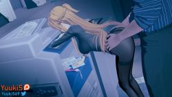 1boy 1girl 3d animated artist_name ass ass_grab asuna_(sao) bent_over black_legwear bouncing_breasts braid breasts brown_eyes brown_hair cheating_(relationship) clothed_sex condom crown_braid cum hanging_breasts hetero jiggle koikatsu_(medium) large_breasts long_hair moaning netorare office_lady pantyhose patreon_logo patreon_username photocopier printer self-upload sex sex_from_behind solo_focus sound spanked spanking standing standing_sex sword_art_online tagme thighband_pantyhose thighhighs used_condom video yuukis