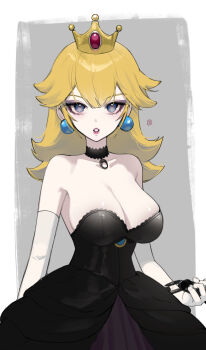Rule 34 | 1girl, absurdres, arm at side, bare shoulders, black choker, black dress, blonde hair, blue eyes, border, bowsette, breasts, choker, cleavage, collarbone, commentary, crossed bangs, crown, double-parted bangs, dress, earrings, elbow gloves, eyeshadow, flipped hair, gloves, grey background, grey eyeshadow, hair between eyes, highres, jewelry, k hottok, long hair, looking at viewer, lower eyelashes only, makeup, mario (series), medium breasts, mini crown, nintendo, outside border, pale skin, parted lips, pink lips, simple background, skindentation, solo, sphere earrings, strapless, strapless dress, tsurime, upper body, white border, white gloves