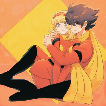 Rule 34 | 1girl, black boots, blonde hair, blue eyes, boots, brown hair, coat, couple, cyborg, cyborg 009, francoise arnoul, hair over one eye, hairband, hands on another's shoulders, highres, hug, light blush, long hair, pants, red coat, red hairband, red pants, sariokisu, scarf, shimamura joe, yellow scarf
