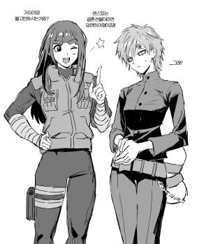 2girls bandaged_arm bandaged_leg bandages black_jacket blunt_bangs bodysuit breasts cowboy_shot flak_jacket gaara_(naruto) genderswap genderswap_(mtf) greyscale hair_between_eyes hand_on_own_hip highres jacket korean_text light_blush lodoae long_hair looking_at_another medium_breasts monochrome multiple_girls naruto_(series) one_eye_closed open_mouth own_hands_together rock_lee scar scar_on_face scar_on_forehead short_hair smile sweatdrop thick_eyebrows white_background