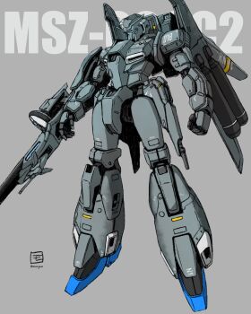absurdres arm_mounted_weapon arms_at_sides artist_logo beam_rifle blue_eyes character_name commentary_request energy_gun full_body grey_background gundam gundam_sentinel highres logo mecha mecha_focus mobile_suit moyan no_humans radome robot science_fiction solo twitter_username v-fin weapon zeta_plus zeta_plus_c1