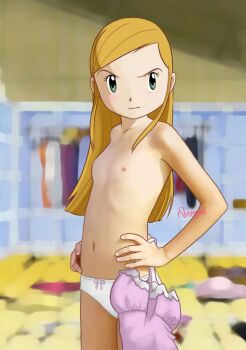 1girl angry armpits artist_name blonde_hair bow bow_panties changing_room clenched_hands collarbone digimon digimon_frontier eyelashes fingernails flat_chest green_eyes hands_on_own_hips hat highres indoors legs loli long_hair looking_at_viewer navel neck nipples no_bra official_underwear one-piece_swimsuit_removed orimoto_izumi panties scene_reference sidelocks signature standing swept_bangs swimsuit tears-of-blade thighs topless_female underwear underwear_only unworn_clothes unworn_hat unworn_headwear unworn_swimsuit v-shaped_eyebrows white_panties
