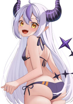 1girl absurdres ahoge ass bikini blush braid braided_bangs breasts butt_crack commentary_request demon_horns demon_tail fangs from_behind hair_between_eyes halterneck highres hololive horns la+_darknesss long_hair looking_at_viewer multicolored_hair open_mouth pointy_ears purple_bikini purple_streaks ramkilog side-tie_bikini_bottom sidelocks simple_background single_braid small_breasts solo streaked_hair string_bikini swimsuit tail teeth upper_teeth_only very_long_hair virtual_youtuber white_background white_hair yellow_eyes