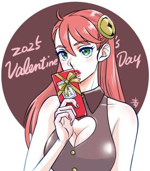 Rule 34 | 1girl, 2025, absurdres, aida rayhunton, aobito sukoyaka bystander, blush, breasts, brown background, brown shirt, cleavage, cleavage cutout, clothing cutout, commentary request, gift, green eyes, gundam, gundam g no reconguista, hair ornament, heart cutout, highres, holding, holding gift, lipstick, long hair, looking at viewer, makeup, medium breasts, pink hair, red lips, red nails, shirt, sleeveless, sleeveless shirt, solo, upper body, valentine