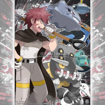 Rule 34 | 1boy, aggron, artist name, bastiodon, beard, belt, black belt, blue eyes, bronzong, byron (pokemon), claws, closed mouth, commentary, company name, copyright notice, empoleon, english commentary, facial hair, from side, gen 2 pokemon, gen 3 pokemon, gen 4 pokemon, gloves, grey pants, hand on own hip, holding, holding shovel, horns, instagram username, magnezone, male focus, merchandise available, nintendo, nostrils, official style, open mouth, outline, pants, pokemon, pokemon (creature), pokemon dppt, red eyes, red hair, short hair, shovel, spiked hair, steelix, tank top, teeth, tom higgins, upper teeth only, v-shaped eyes, watermark, white gloves, white outline, white tank top