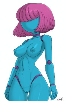 1girl android android_girl blue_skin bob_cut breasts choker colored_skin doll_(kevio_nivek) faceless faceless_female faceless_robot hair_over_eyes highres joints kevio_nivek large_breasts medium_breasts mouthless navel nipples no_eyes no_mouth no_nose non-web_source nude original pink_hair purple_choker pussy robot robot_girl robot_joints self-upload shiny_skin short_hair simple_background solo standing thick_thighs thighs uncensored white_background