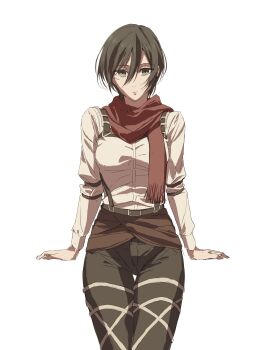1girl absurdres alt_text black_hair black_pants breasts closed_mouth commentary_request facial_scar grey_eyes hair_between_eyes highres looking_at_viewer masapa8 medium_breasts mikasa_ackerman pants pantyhose red_scarf scar scar_on_cheek scar_on_face scarf shingeki_no_kyojin shirt short_hair simple_background sitting solo white_background white_shirt