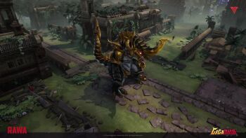 6+others animated armor audible_music blue_fire breath_weapon breathing_fire character_name claws colored_fire copyright_name dark_skin day destruction dinosaur dragon elemental_(creature) energy energy_beam energy_pulse energy_wings english_text fire fire_wings giant giant_monster giant_robot gigabash glowing glowing_eyes glowing_veins gorogong grass_skirt green_fire horns jungle kaiju lava lava_elemental mecha monster mountain mouth_beam multiple_others nature neon_trim no_pupils palm_tree passion_republic_games rainforest rawa red_eyes robot rock_elemental sharp_teeth single_horn sound stinger sword tail teeth temple thundatross tree tusks veins very_dark_skin video village water waterfall weapon wings