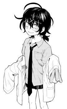 Rule 34 | 1girl, absurdres, bags under eyes, blush, breast pocket, coat, collared shirt, commentary request, dress shirt, ero kingdom ceo, feet out of frame, glasses, grin, hair between eyes, hair ornament, highres, jimiko, lab coat, long sleeves, looking at viewer, low twintails, necktie, off shoulder, open clothes, open coat, original, pleated skirt, pocket, round eyewear, school uniform, shirt, short sleeves, simple background, skirt, sleeves past fingers, sleeves past wrists, smile, solo, standing, test tube, twintails, unkempt, untucked shirt, x hair ornament