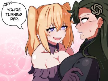 Rule 34 | 2girls, aki (sketchkun), ani (xai), bare shoulders, black eyes, black hair, black shirt, blonde hair, blue eyes, blush, breasts, chatgpt, choker, cleavage, collarbone, commentary, dress, embarrassed, english commentary, english text, glasses, gloves, hair between eyes, hair ornament, hand on another's arm, large breasts, logo hair ornament, long hair, looking at another, merryweather, mole, mole under mouth, multiple girls, open mouth, personification, pink background, purple choker, purple dress, purple gloves, shirt, smile, speech bubble, sweatdrop, talking, twintails, xai (company), yuri