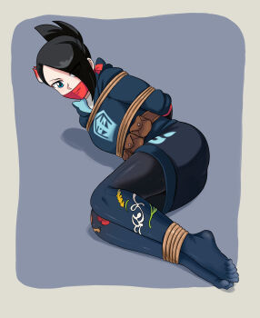 1girl absurdres arms_behind_back ass bdsm black_hair blue_eyes blush body_blush bondage bound bound_ankles cloth_gag gag gagged hair_ornament hair_over_one_eye highres improvised_gag lost_one_zero mai_(pokemon) nintendo pantyhose pokemon pokemon_legends:_arceus rope