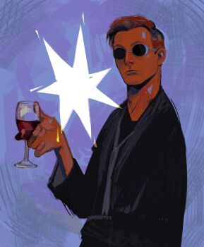1boy biajise black_jacket black_robe blue_background brown_hair closed_mouth commentary crowley_(good_omens) cup demon_boy drinking_glass expressionless facing_viewer good_omens heptagram highres holding holding_cup jacket long_sleeves looking_at_viewer nose red_hair robe round_eyewear short_hair solo star_(symbol) sunglasses symbol-only_commentary upper_body wine_glass
