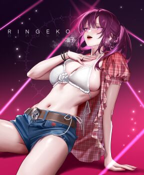 1girl absurdres arm_support artist_name belt blush bra breasts breath brown_belt commentary cosplay denim denim_shorts fingernails hand_on_own_chest highres honkai:_star_rail honkai_(series) kafka_(honkai:_star_rail) kwon_eun-bi kwon_eun-bi_(cosplay) large_breasts long_hair looking_at_viewer nail_polish navel open_clothes open_mouth open_shirt paid_reward_available pink_background pink_nails ponytail purple_eyes purple_hair real_life red_shirt ringeko-chan shirt shorts solo stomach thighs underwear white_bra